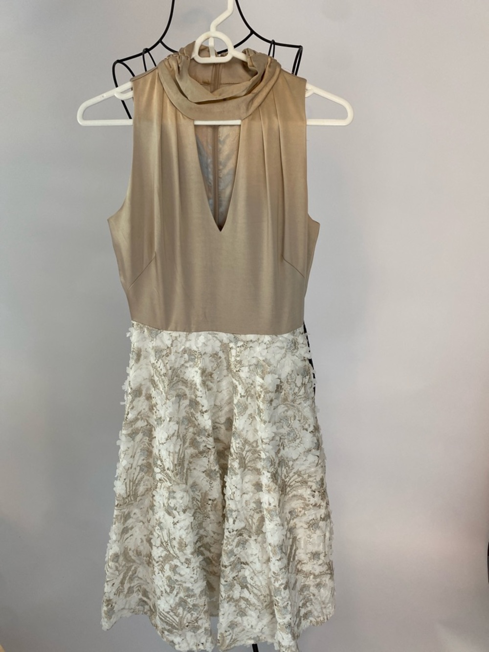 Sleeveless Taupe Top with Ivory Floral Lace Skirt Dress.  NWT